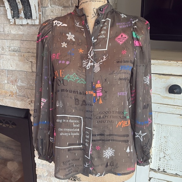 Vilagallo Edina sheer hidden button puff long sleeve Ski You Later blouse skiing - Picture 2 of 16